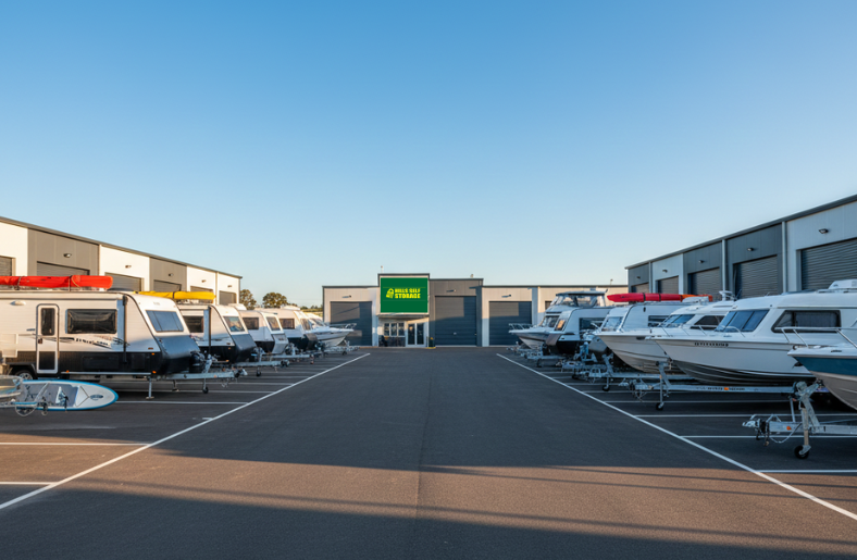 Boat and caravan parked in a secure outdoor storage bay in Sydney