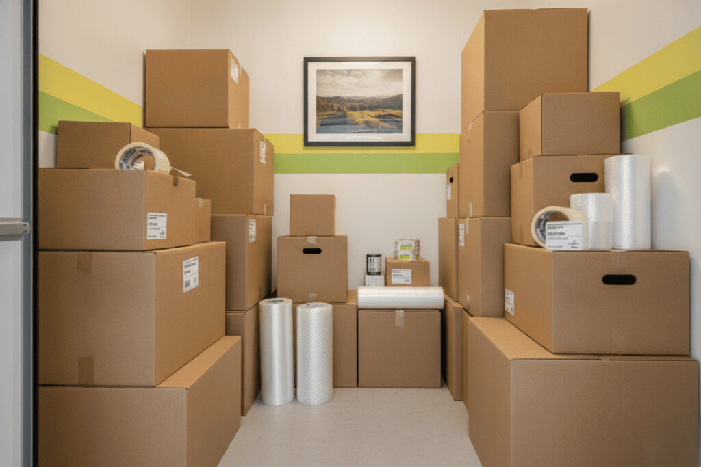 Stacked packing boxes inside storage unit